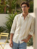 Men's Light Green Cotton Full Sleeve Relaxed Fit Linen Striped Shirt with Spread Collar