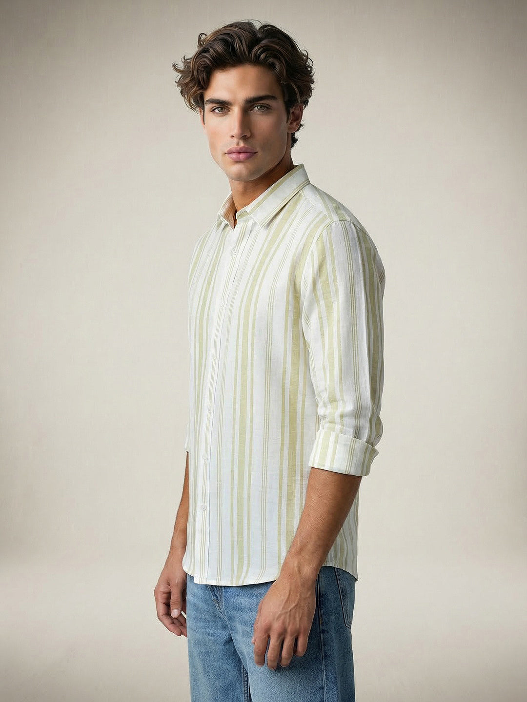 Men's Light Green Cotton Full Sleeve Relaxed Fit Linen Striped Shirt with Spread Collar