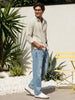 Men's Light Green Cotton Full Sleeve Relaxed Fit Linen Striped Shirt with Spread Collar