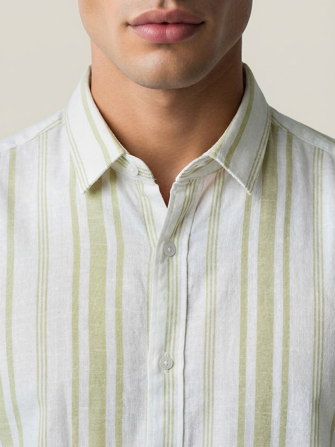 Men's Light Green Cotton Full Sleeve Relaxed Fit Linen Striped Shirt with Spread Collar
