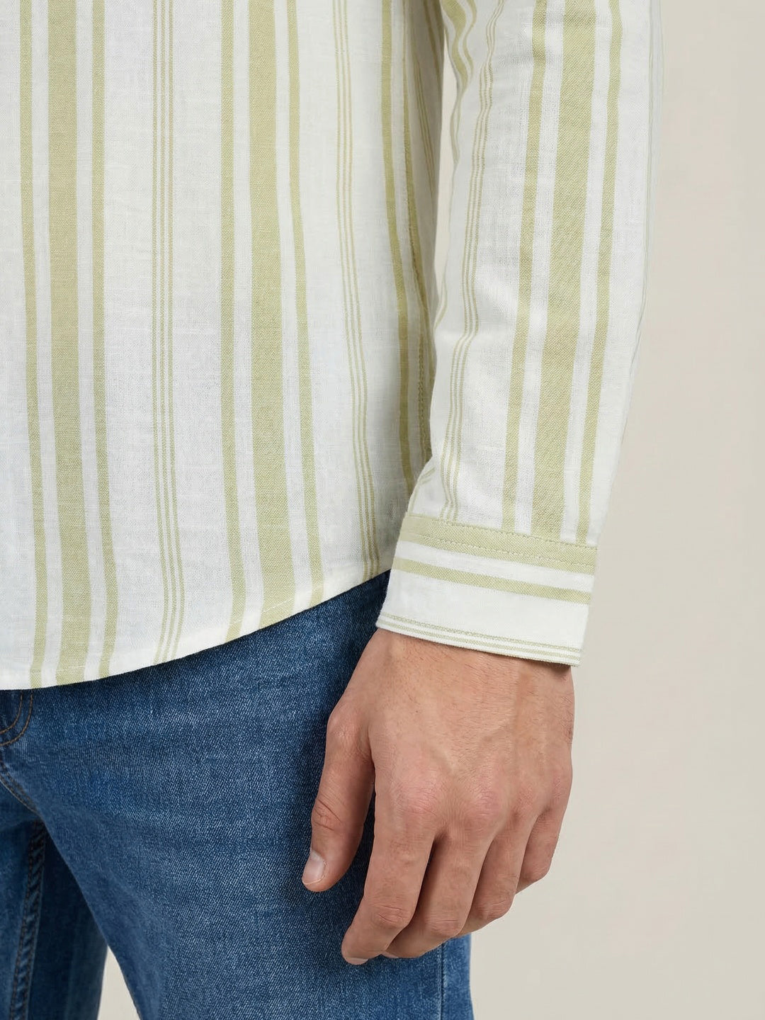 Men's Light Green Cotton Full Sleeve Relaxed Fit Linen Striped Shirt with Spread Collar