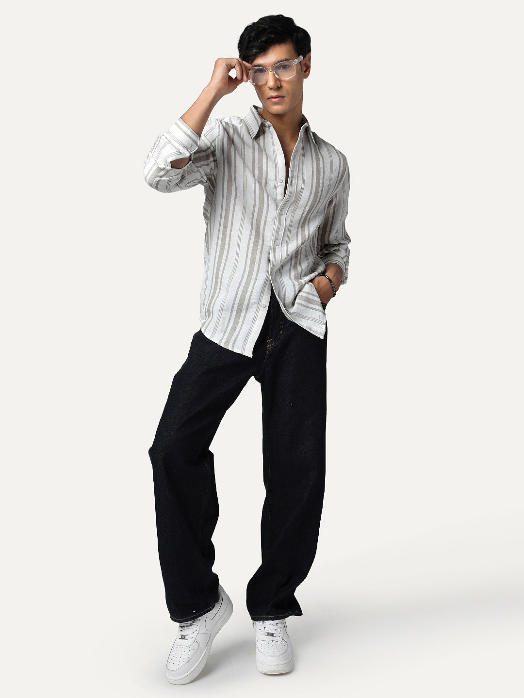 Men's Light Grey Cotton Full Sleeve Relaxed Fit Linen Striped Shirt with Spread Collar
