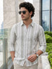 Men's Light Grey Cotton Full Sleeve Relaxed Fit Linen Striped Shirt with Spread Collar