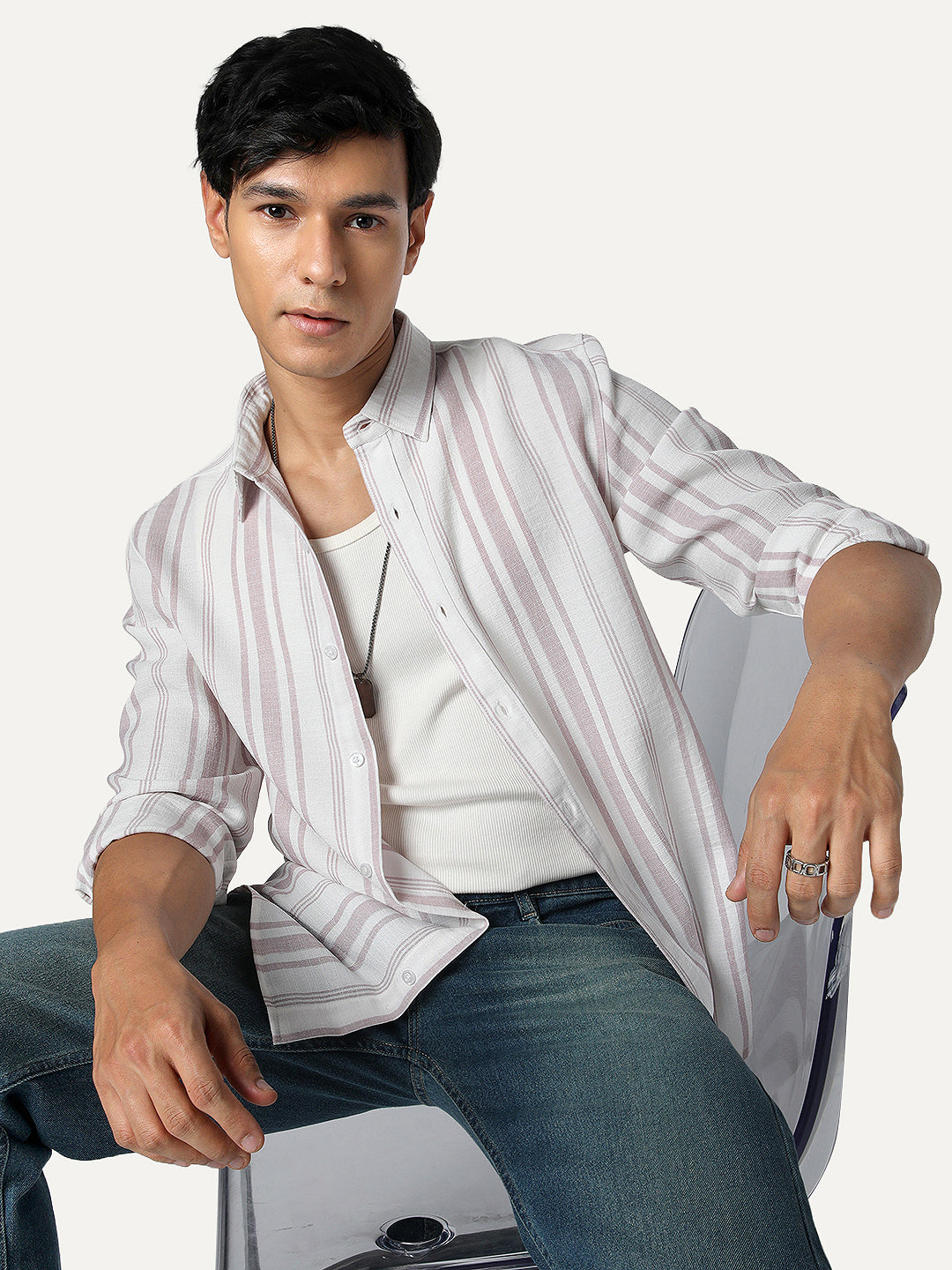 Men's Lilac Cotton Full Sleeve Relaxed Fit Linen Striped Shirt with Spread Collar