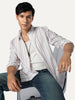 Men's Lilac Cotton Full Sleeve Relaxed Fit Linen Striped Shirt with Spread Collar