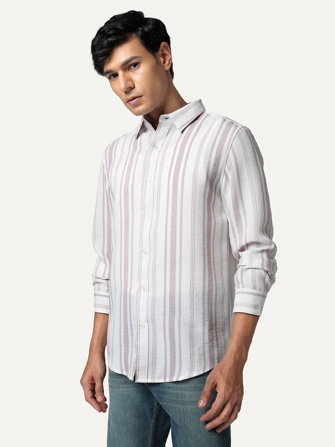 Men's Lilac Cotton Full Sleeve Relaxed Fit Linen Striped Shirt with Spread Collar