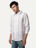 Men's Lilac Cotton Full Sleeve Relaxed Fit Linen Striped Shirt with Spread Collar