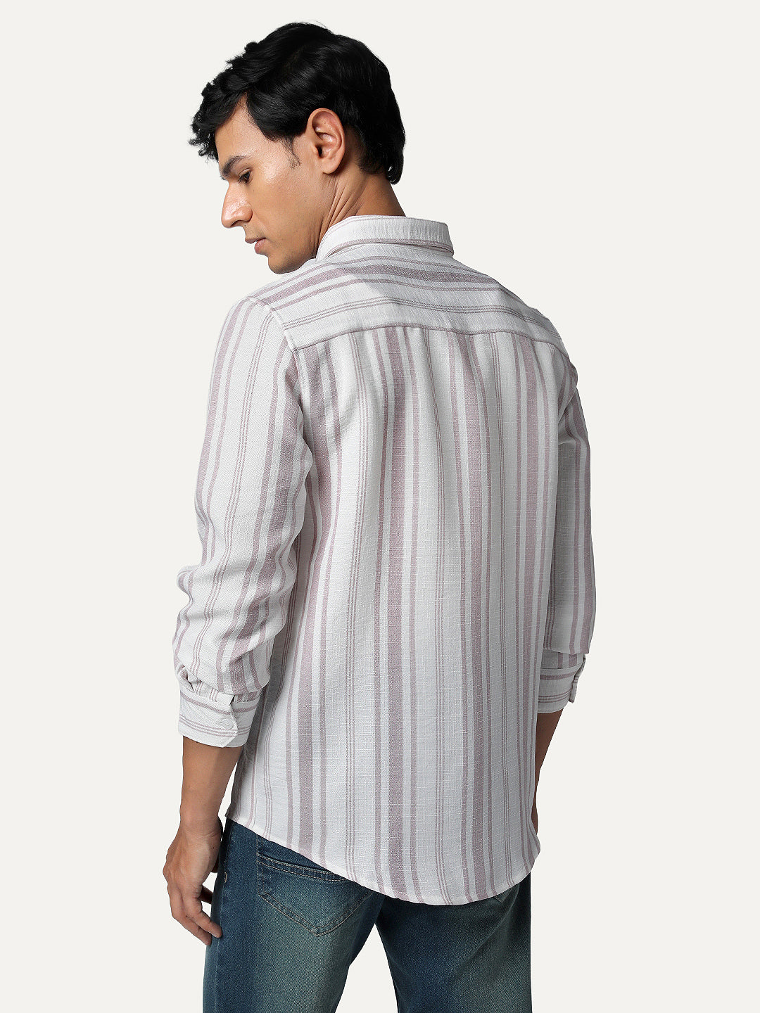 Men's Lilac Cotton Full Sleeve Relaxed Fit Linen Striped Shirt with Spread Collar