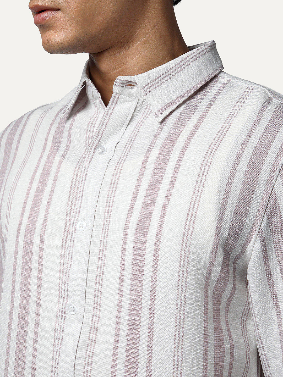Men's Lilac Cotton Full Sleeve Relaxed Fit Linen Striped Shirt with Spread Collar