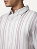 Men's Lilac Cotton Full Sleeve Relaxed Fit Linen Striped Shirt with Spread Collar