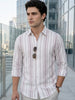 Men's Lilac Cotton Full Sleeve Relaxed Fit Linen Striped Shirt with Spread Collar