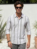 Men's Grey Cotton Full Sleeve Relaxed Fit Linen Striped Shirt with Spread Collar