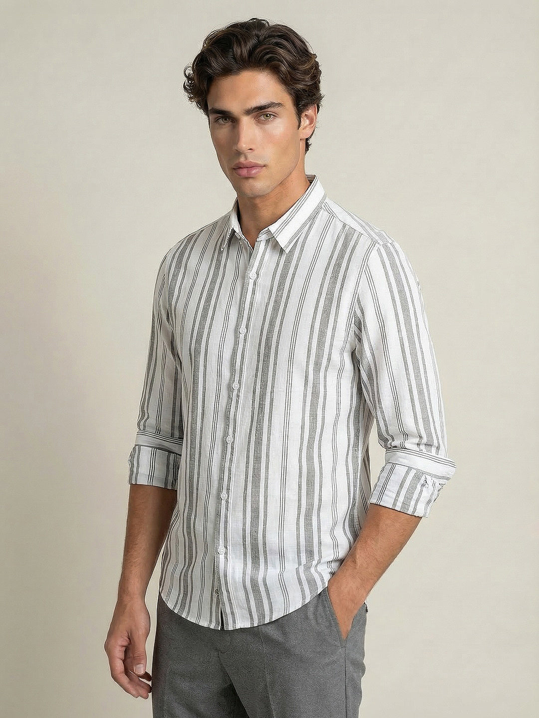 Men's Grey Cotton Full Sleeve Relaxed Fit Linen Striped Shirt with Spread Collar