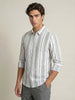 Men's Grey Cotton Full Sleeve Relaxed Fit Linen Striped Shirt with Spread Collar