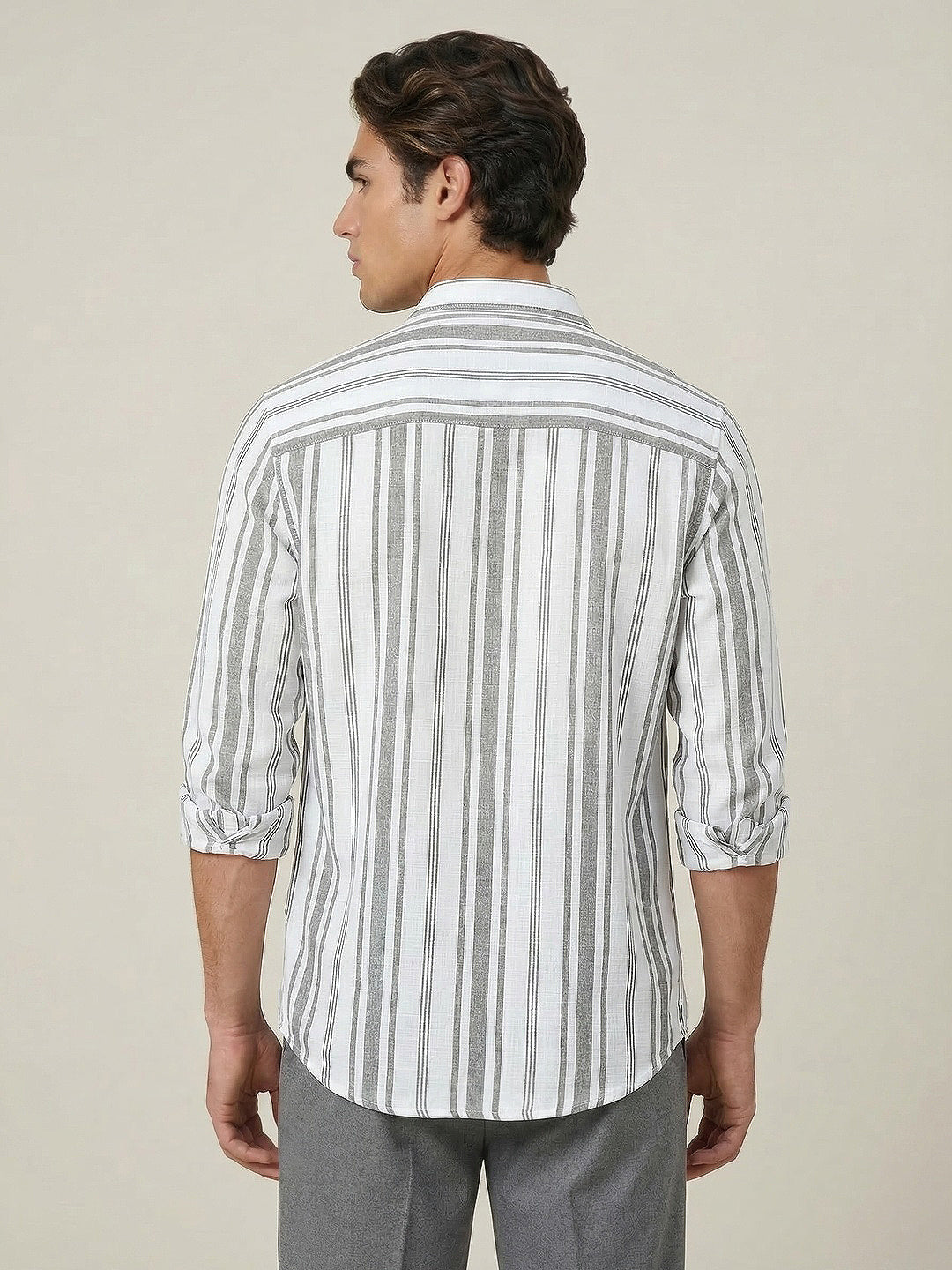 Men's Grey Cotton Full Sleeve Relaxed Fit Linen Striped Shirt with Spread Collar