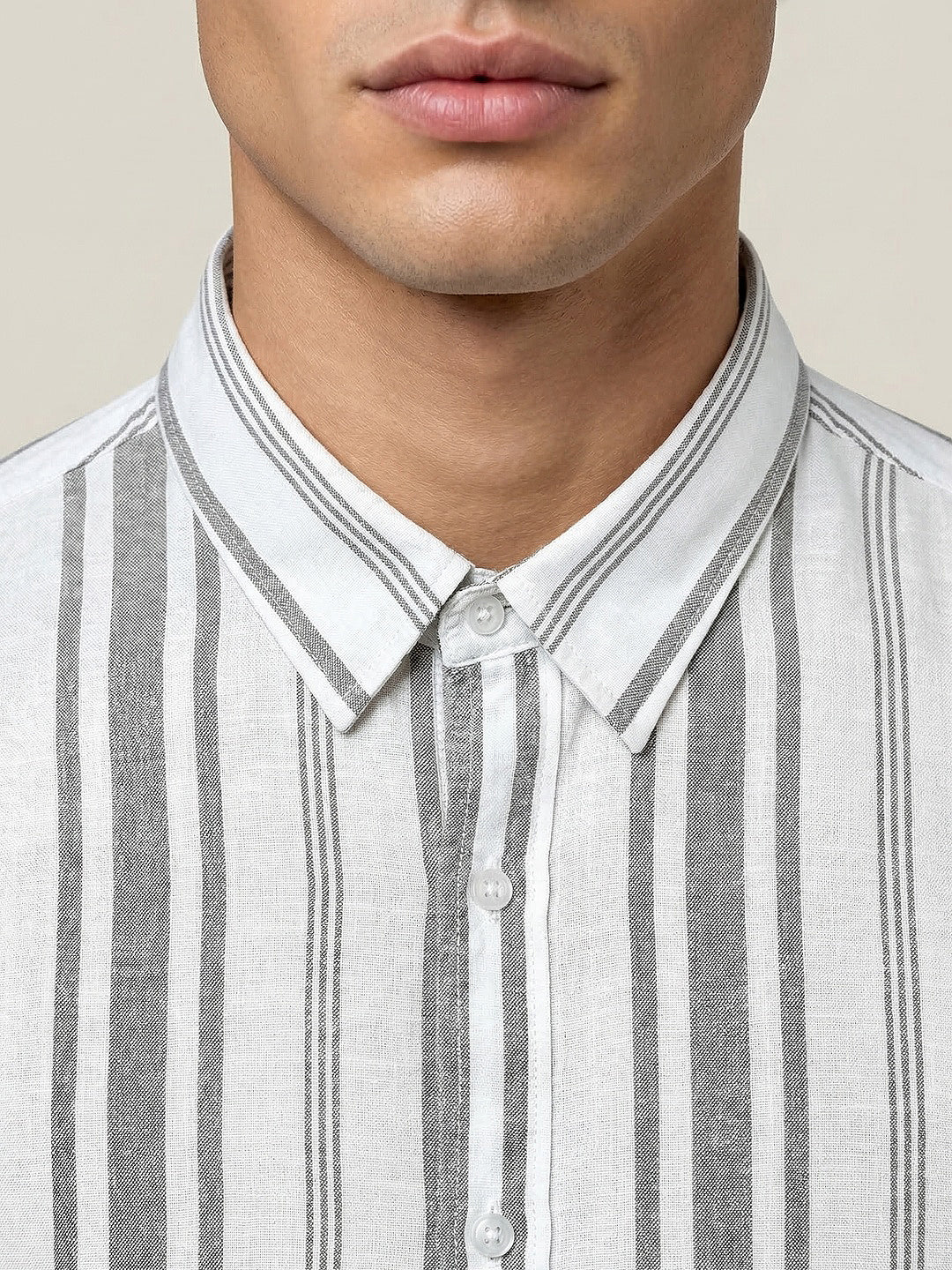 Men's Grey Cotton Full Sleeve Relaxed Fit Linen Striped Shirt with Spread Collar