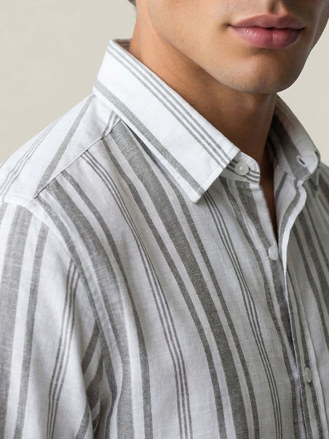Men's Grey Cotton Full Sleeve Relaxed Fit Linen Striped Shirt with Spread Collar