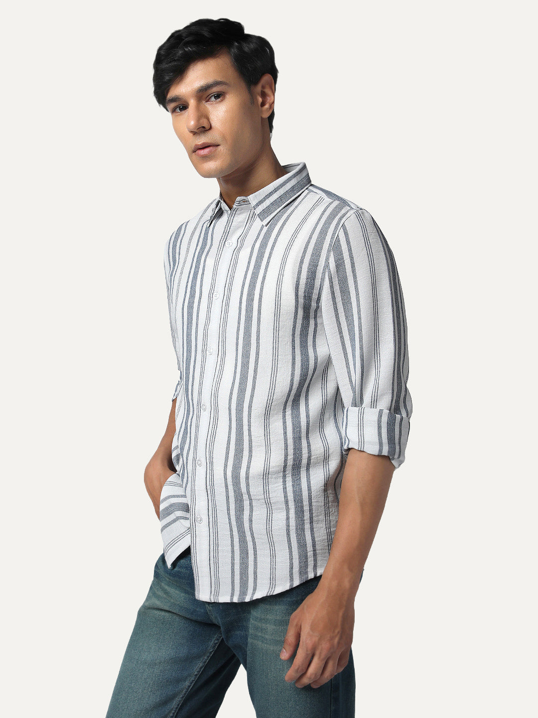 Men's Navy Cotton Full Sleeve Relaxed Fit Linen Striped Shirt with Spread Collar