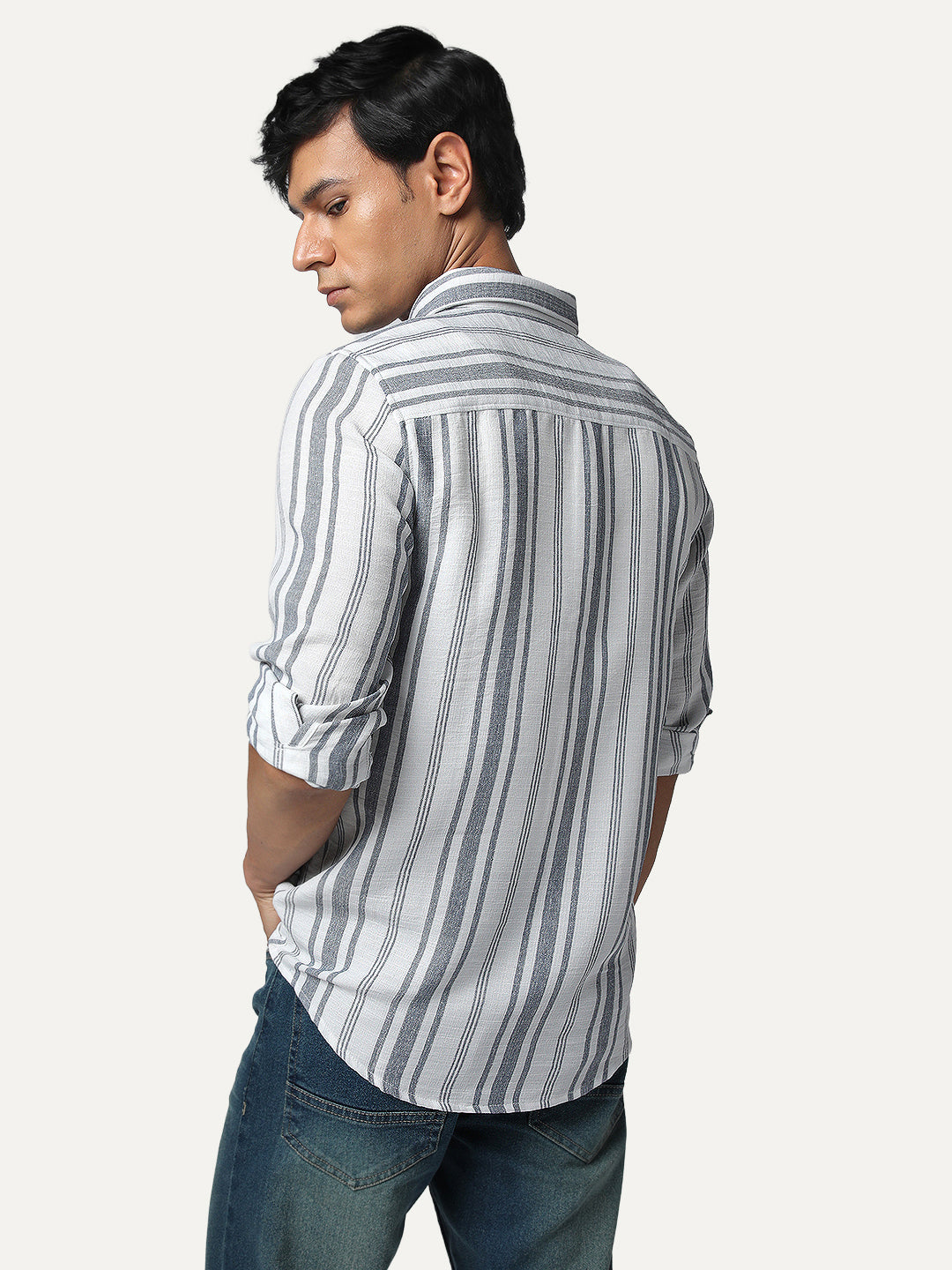 Men's Navy Cotton Full Sleeve Relaxed Fit Linen Striped Shirt with Spread Collar