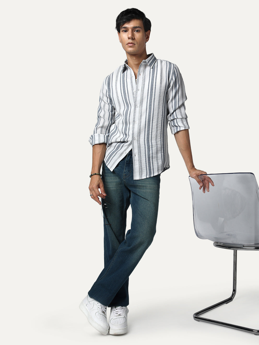 Men's Navy Cotton Full Sleeve Relaxed Fit Linen Striped Shirt with Spread Collar