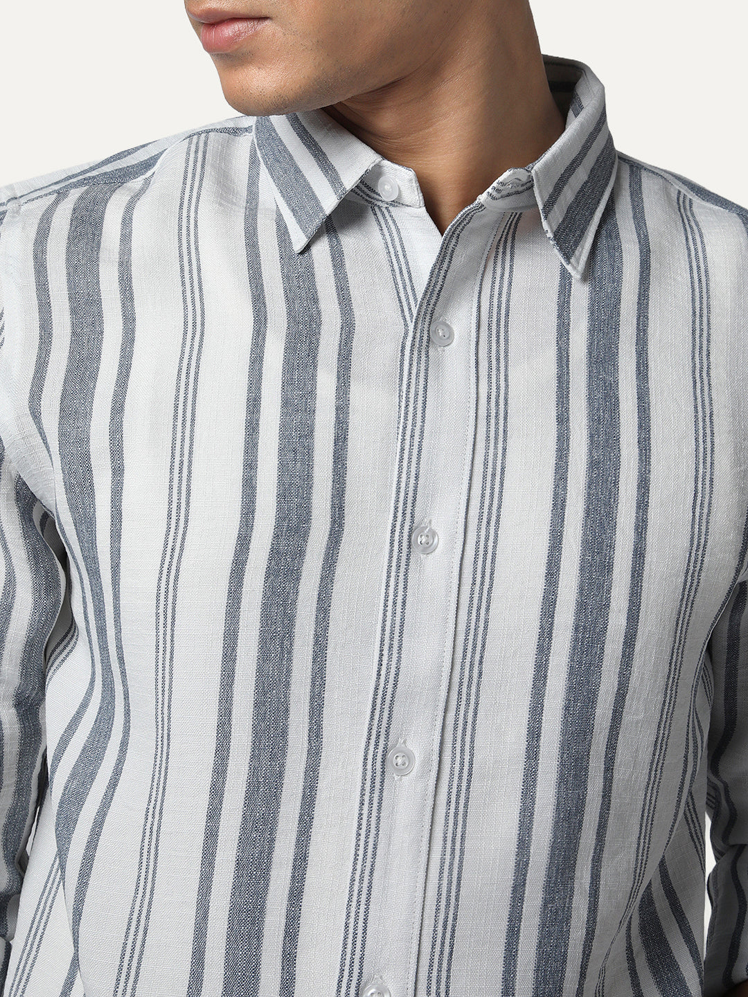 Men's Navy Cotton Full Sleeve Relaxed Fit Linen Striped Shirt with Spread Collar