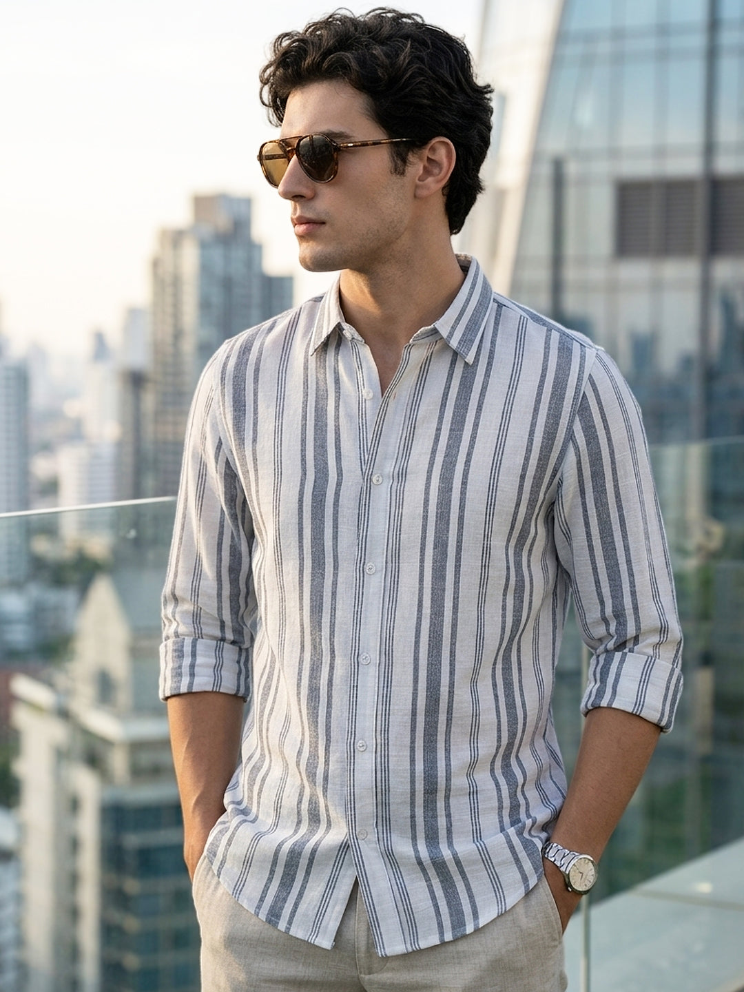 Men's Navy Cotton Full Sleeve Relaxed Fit Linen Striped Shirt with Spread Collar