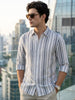 Men's Navy Cotton Full Sleeve Relaxed Fit Linen Striped Shirt with Spread Collar