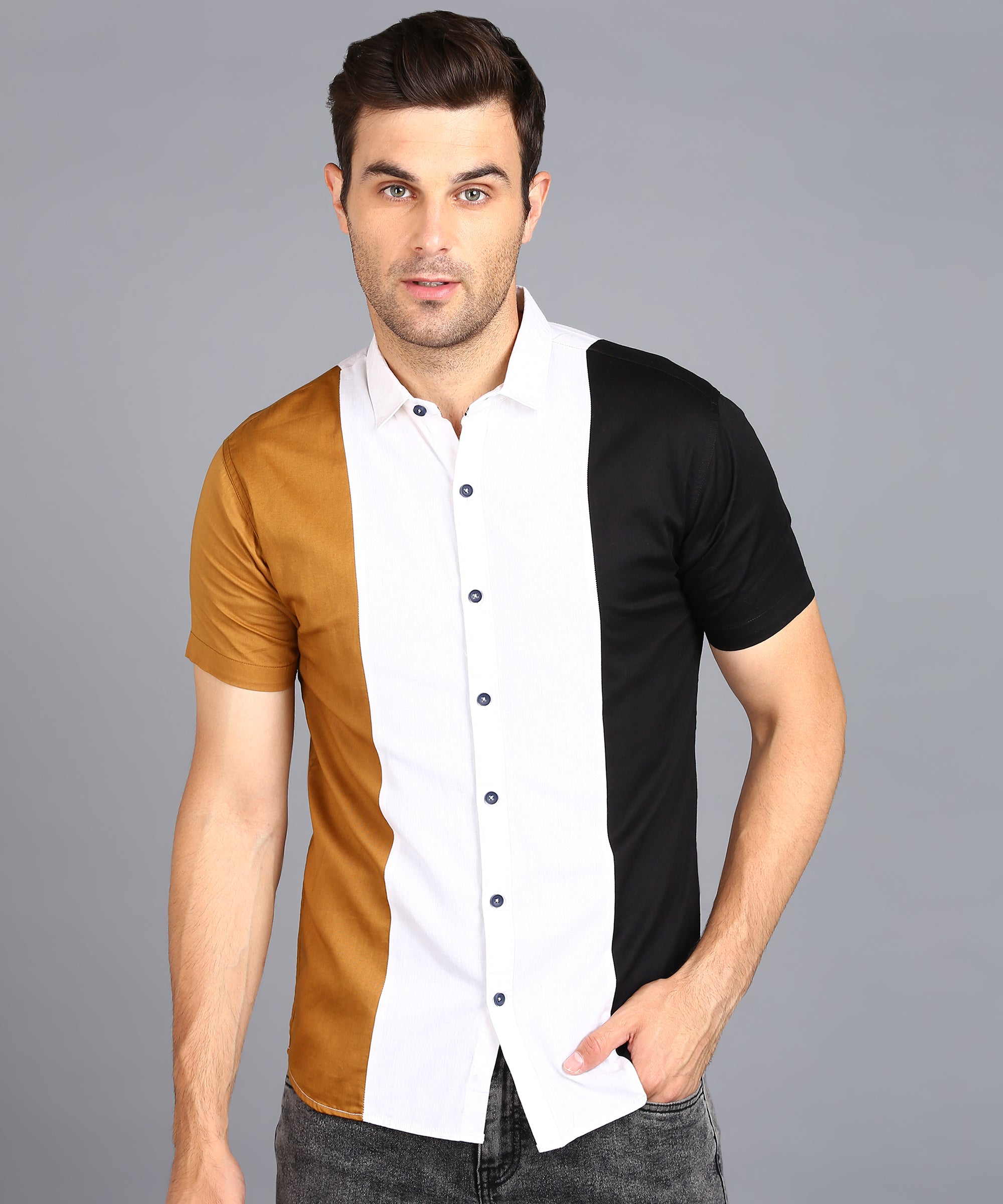 Men's Beige, Off White, Black Cotton Half Sleeve Slim Fit Casual Color ...