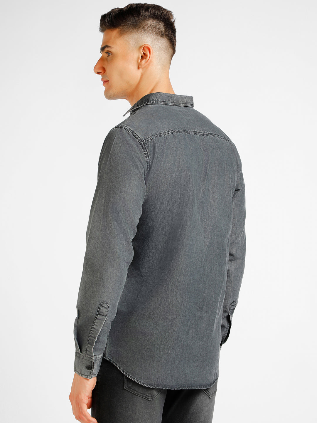 Urbano Fashion Men's Black Denim Full Sleeve Slim Fit Washed Casual Shirt