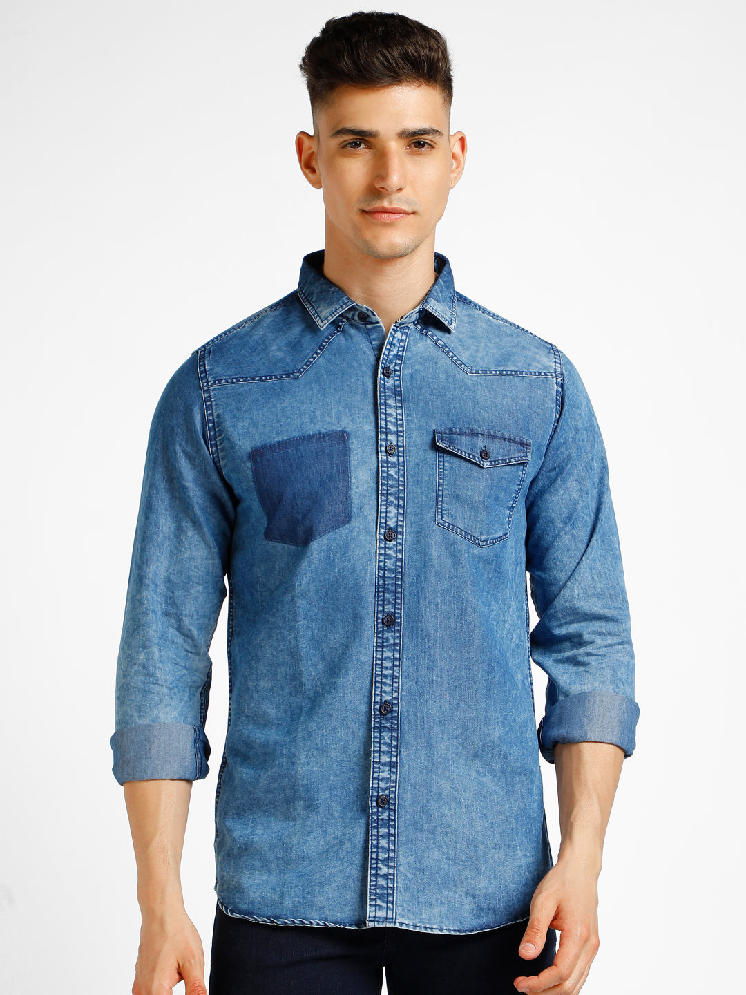 Men's Blue Denim Full Sleeve Slim Fit Washed Casual Shirt