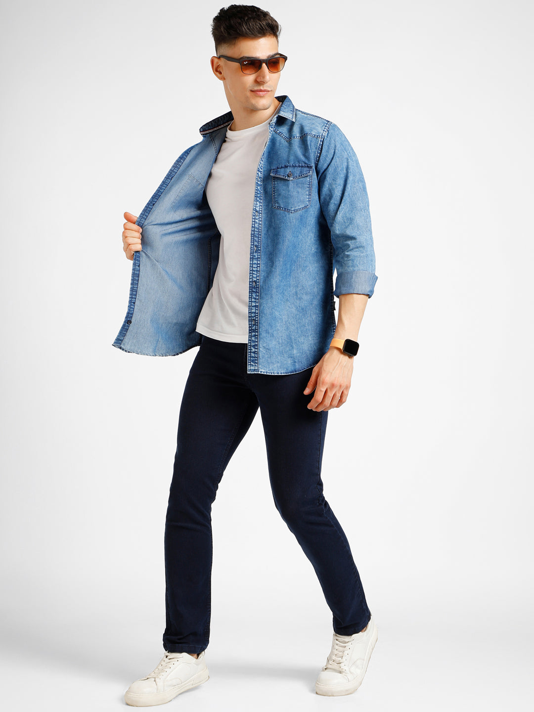 Men's Blue Denim Full Sleeve Slim Fit Washed Casual Shirt