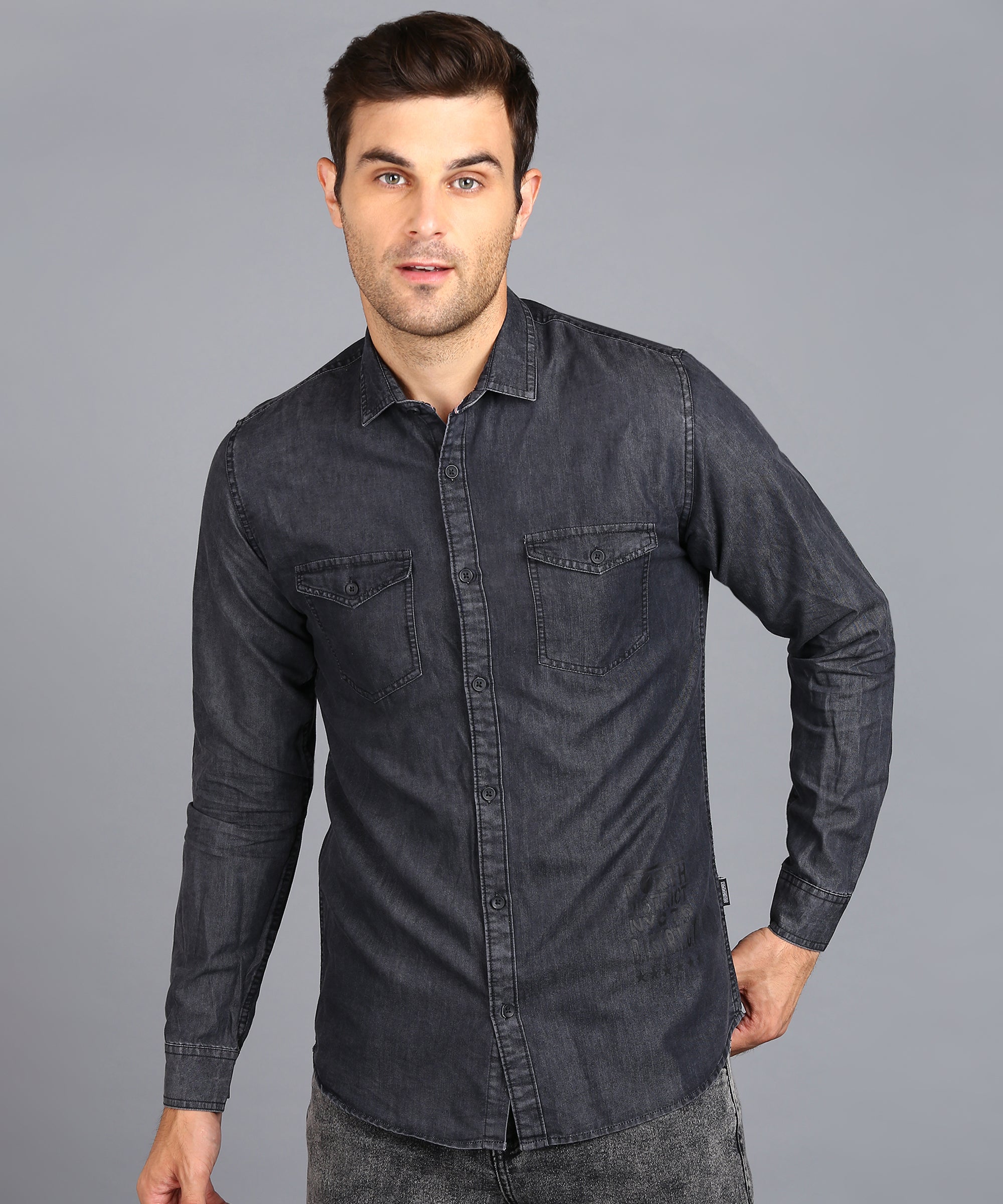 Men's Dark Grey Denim Full Sleeve Slim Fit Washed Casual Shirt