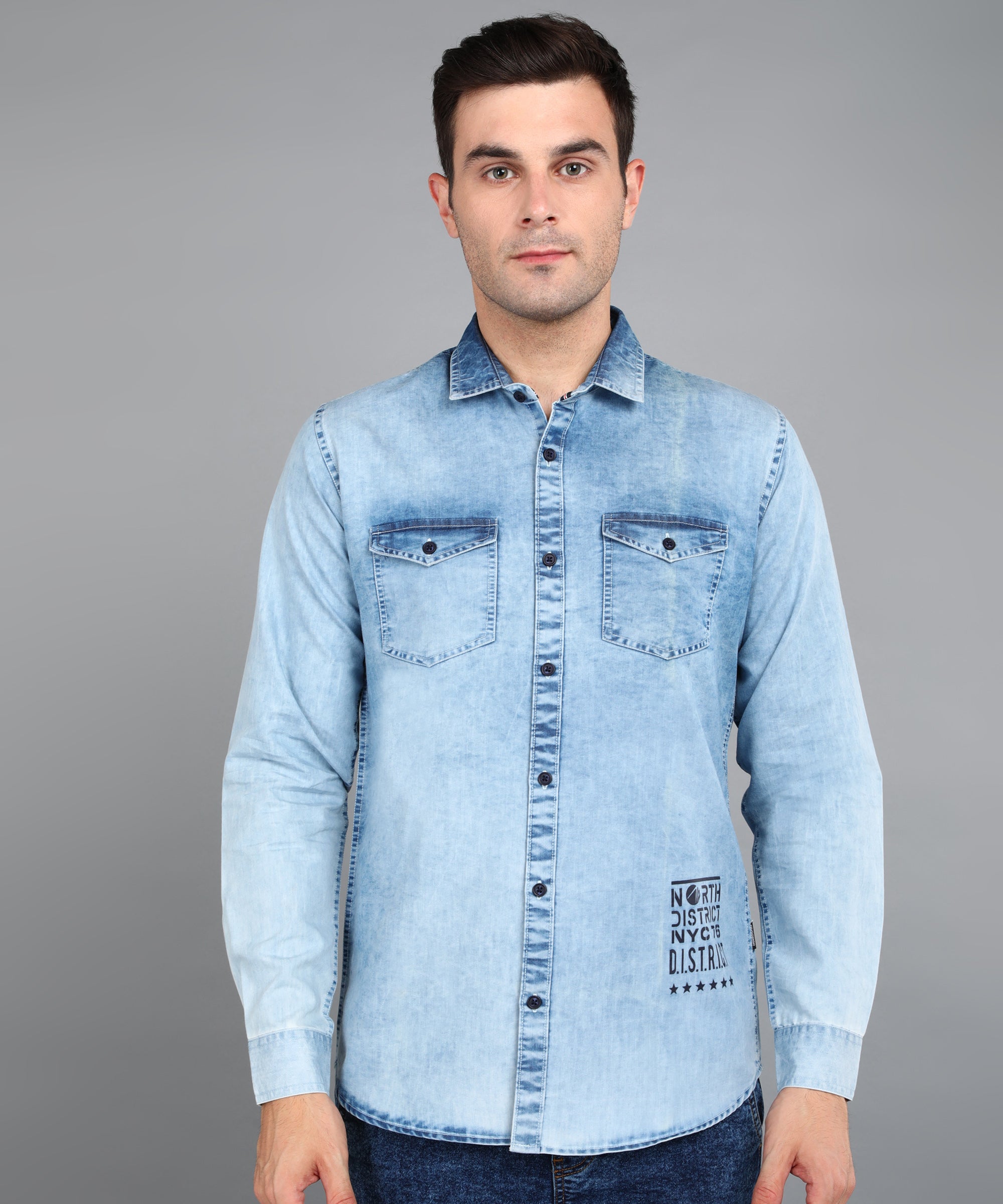 Urbano Fashion Men's Ice Blue Denim Full Sleeve Slim Fit Washed Casual Shirt