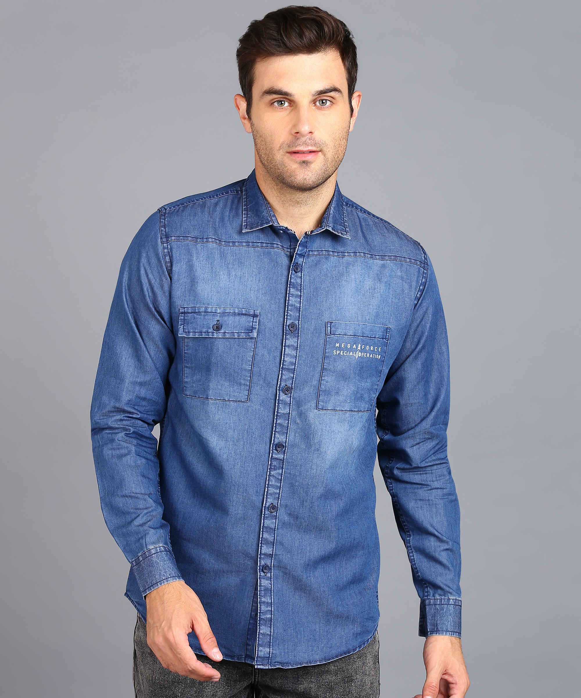 Men's Blue Denim Full Sleeve Slim Fit Washed Casual Shirt