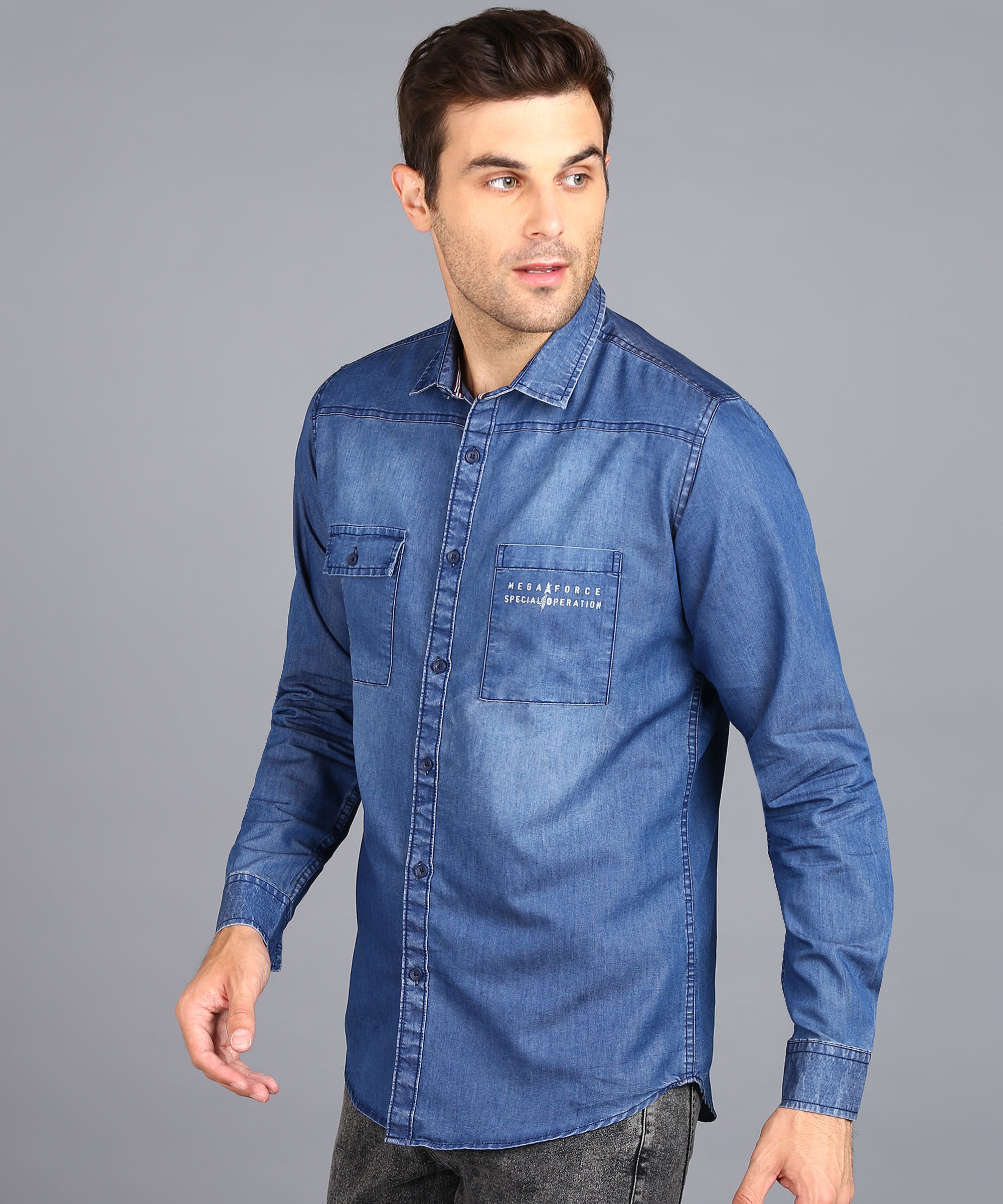 Men's Blue Denim Full Sleeve Slim Fit Washed Casual Shirt