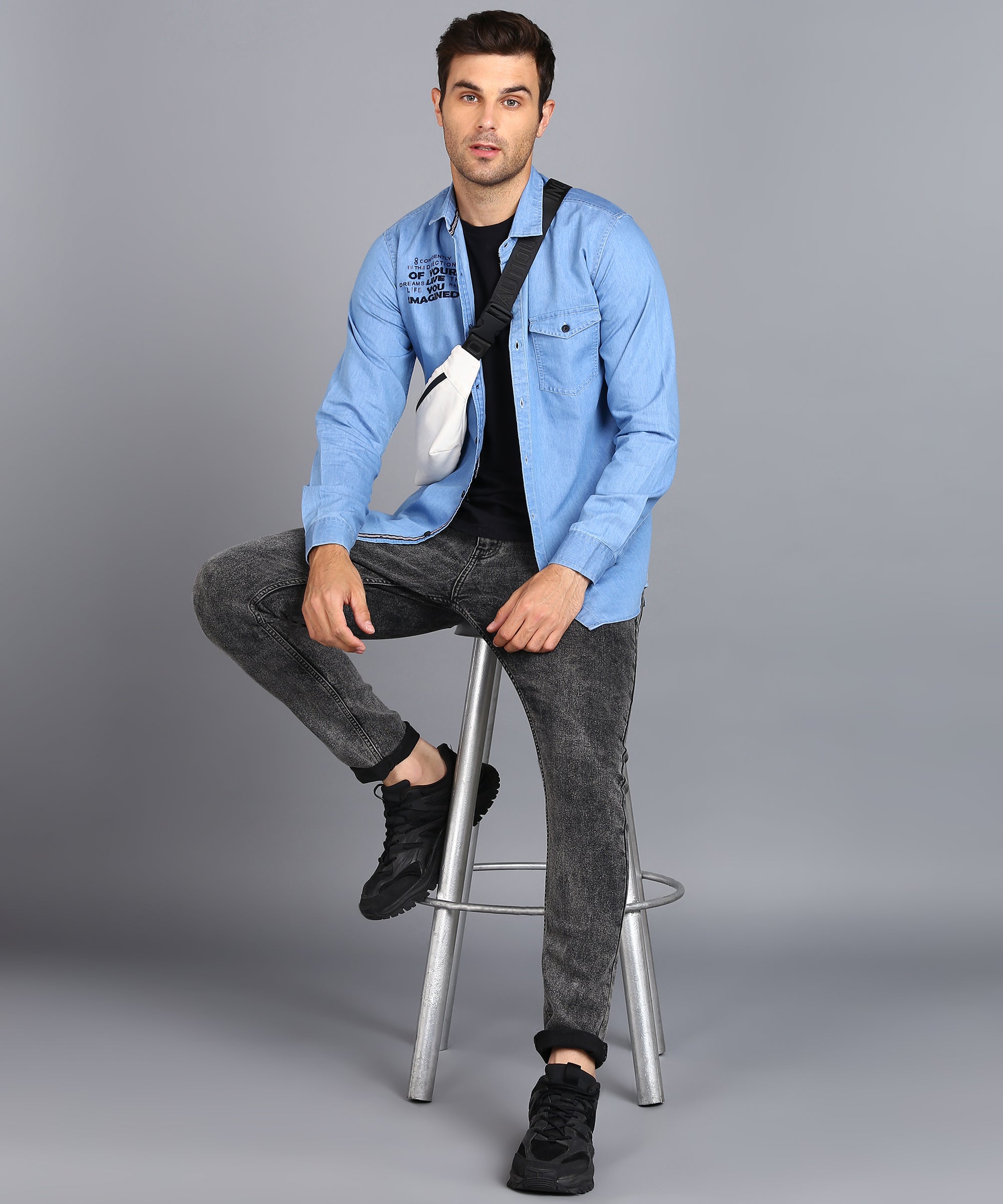 Men's Ice Blue Denim Full Sleeve Slim Fit Washed Casual Shirt
