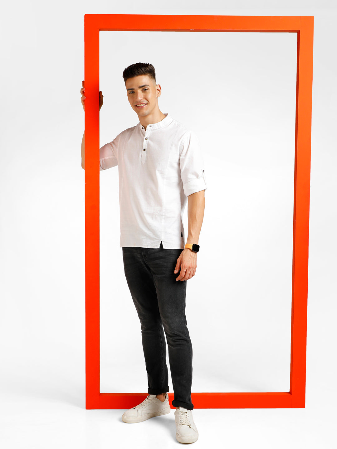 Urbano Fashion Men's Off White Cotton Full Sleeve Slim Fit Casual Solid Shirt