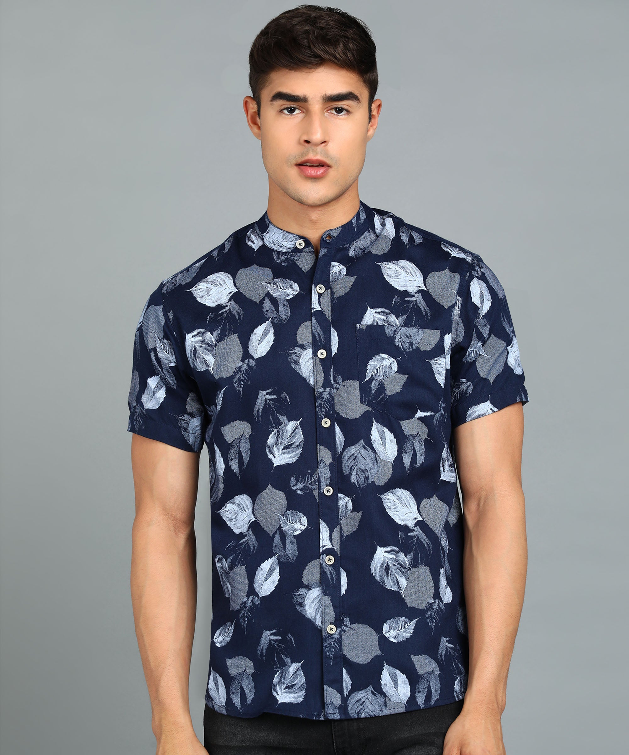 Men's Navy Blue Cotton Half Sleeve Slim Fit Casual Floral Printed Shirt