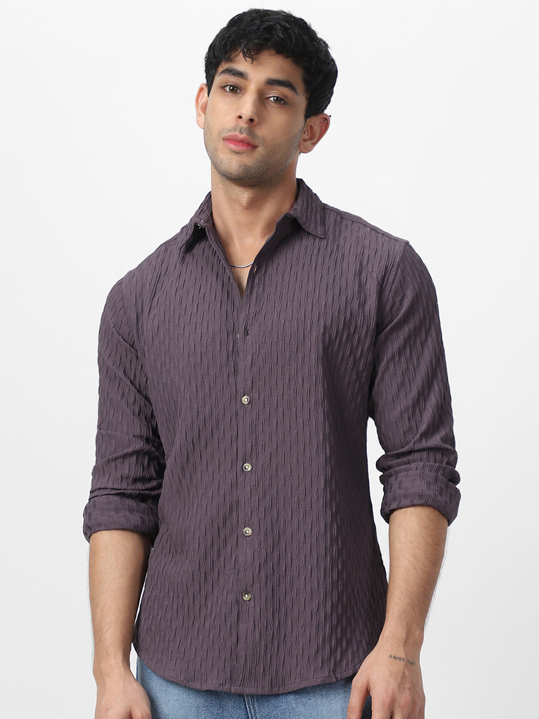 Men's Dark Lavender Cotton Full Sleeve Regular Fit Textured Shirt with Spread Collar
