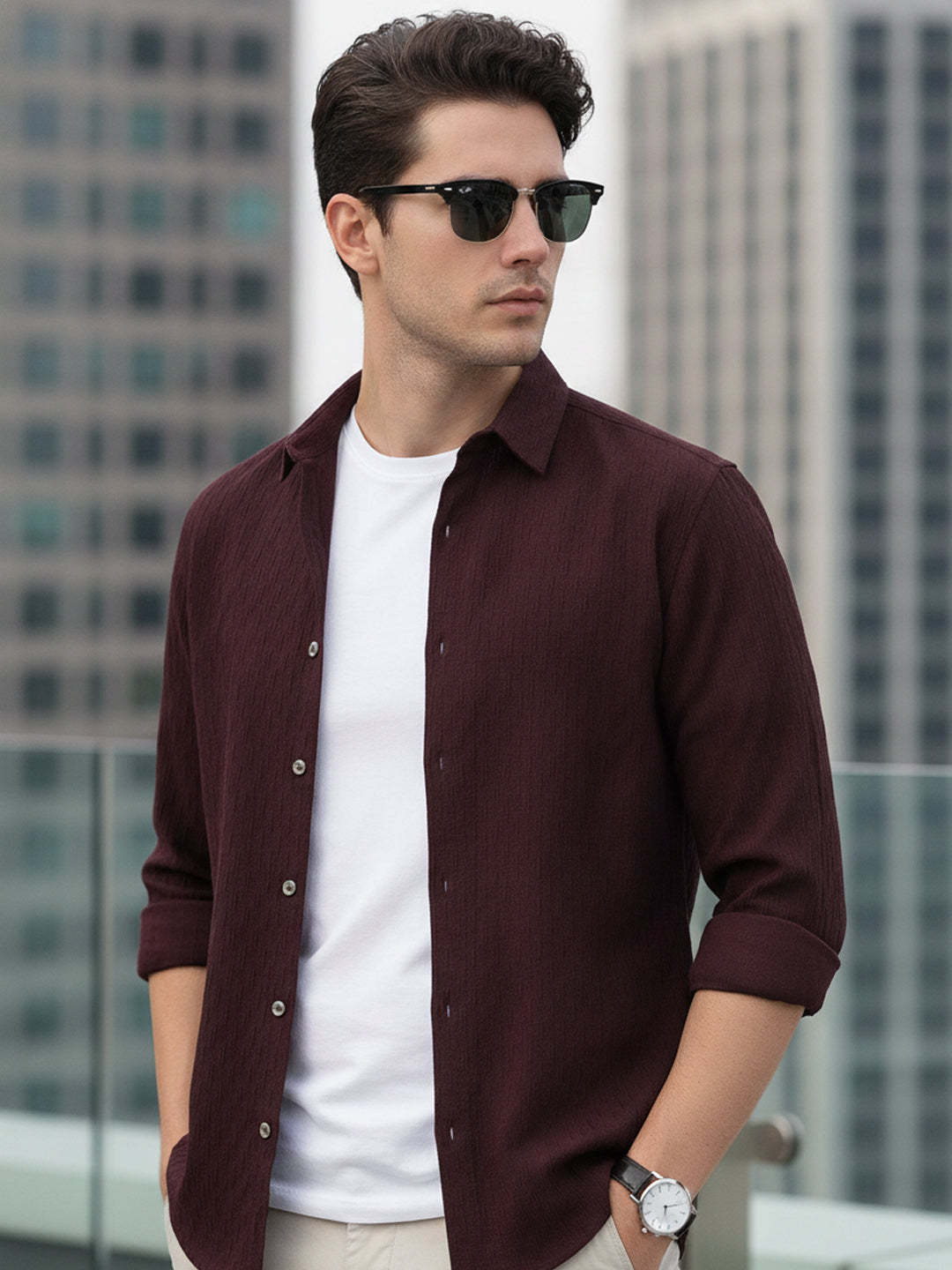 Men's Maroon Cotton Full Sleeve Regular Fit Textured Shirt with Spread Collar