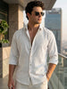 Men's White Cotton Full Sleeve Regular Fit Textured Shirt with Spread Collar