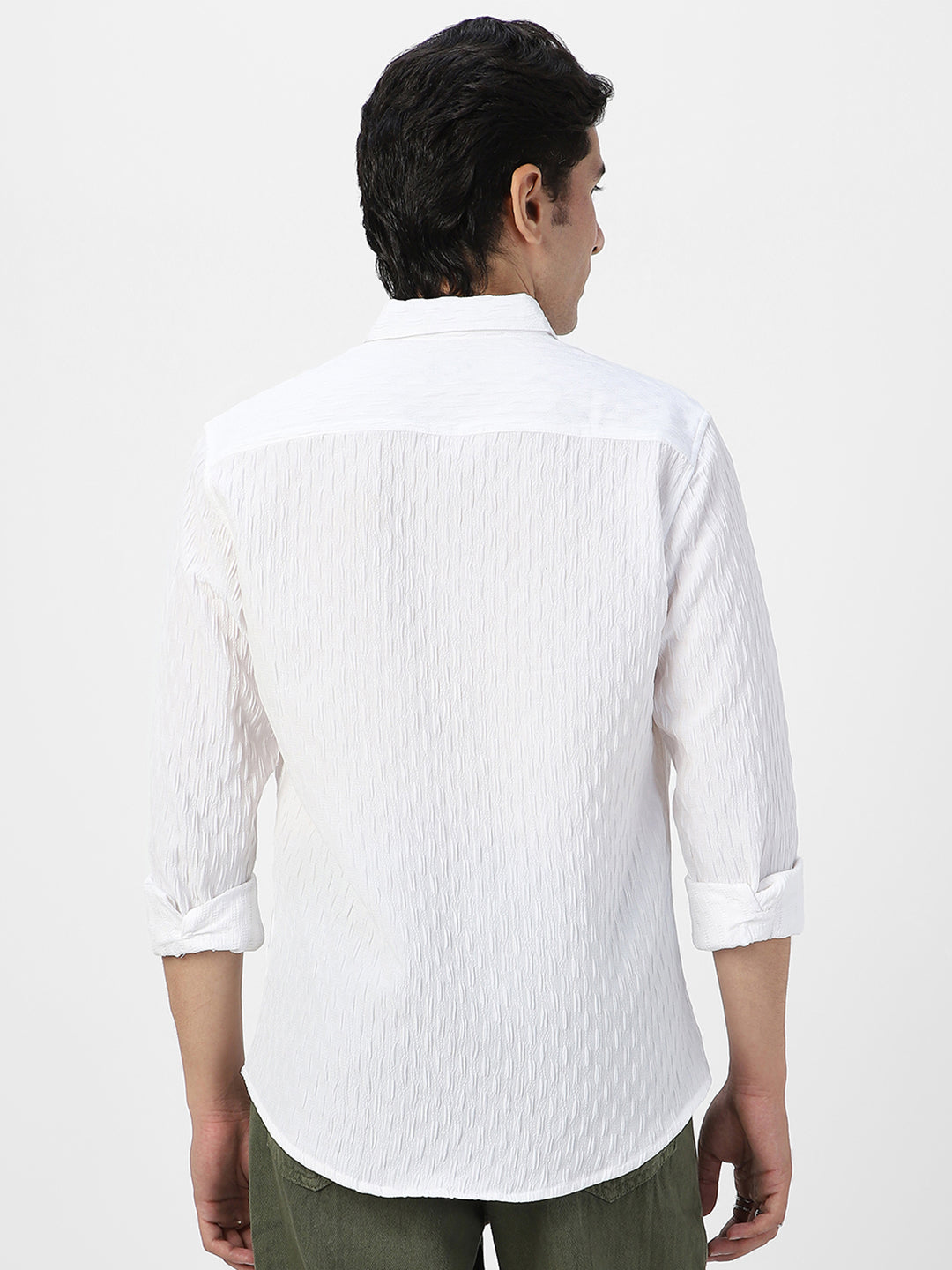 Men's White Cotton Full Sleeve Regular Fit Textured Shirt with Spread Collar