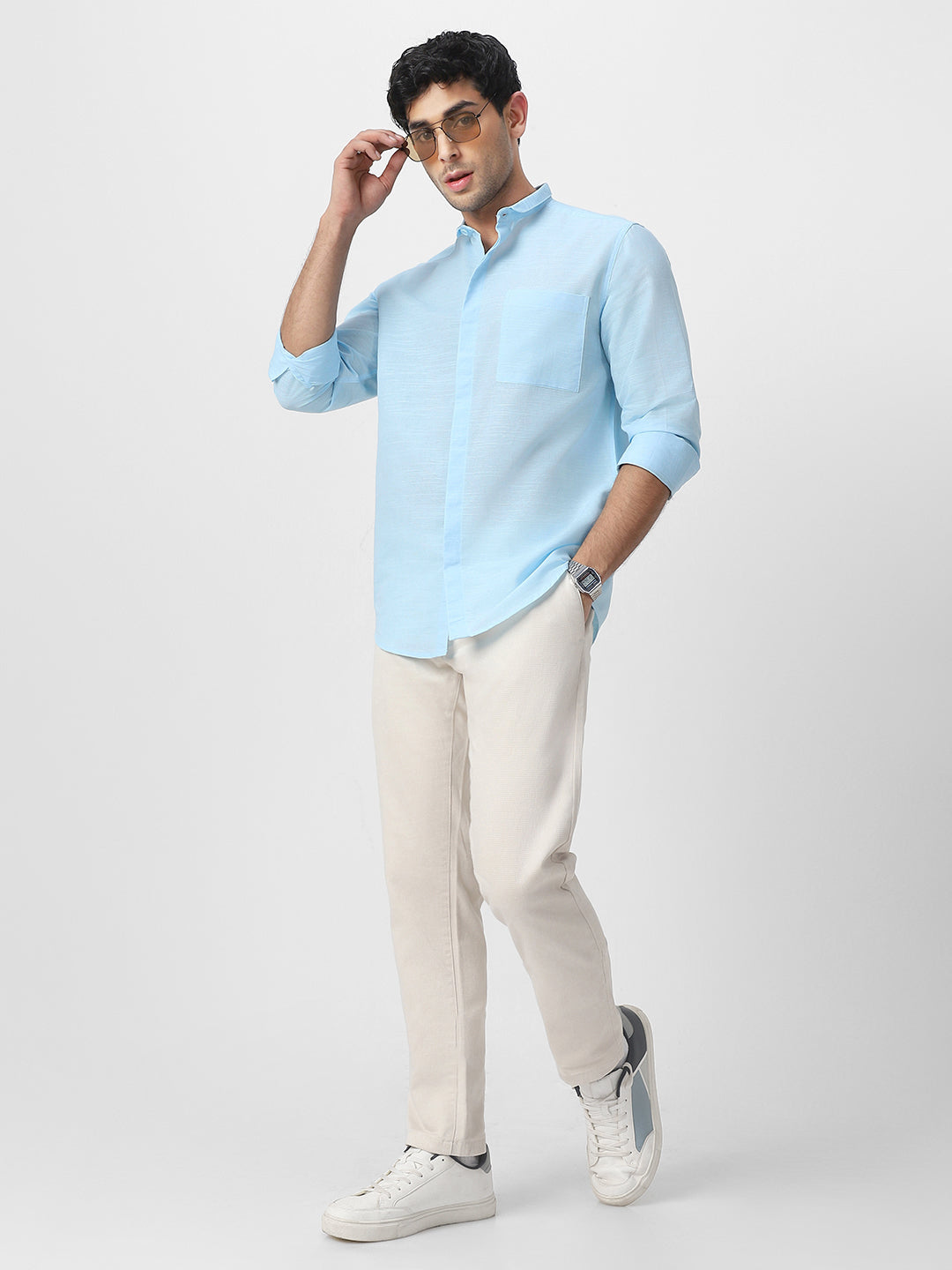 Beige Navy Chinos Light Blue Shirt Men's Light Blue Cotton Full