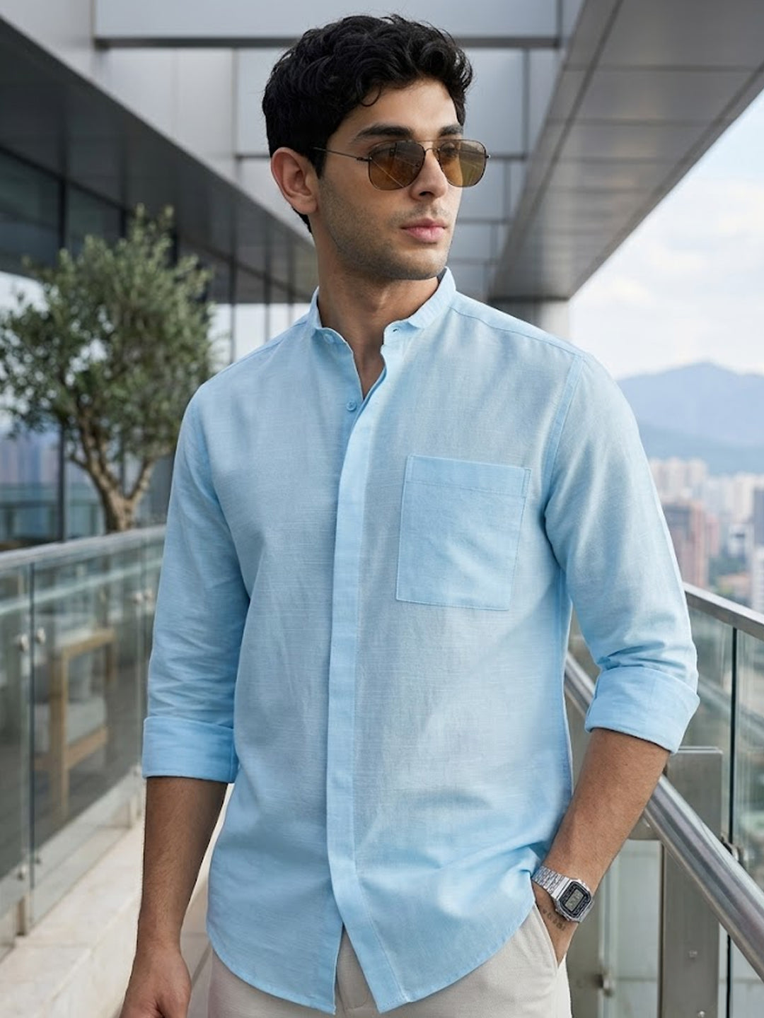 Men's Light Blue Cotton Full Sleeve Regular Fit Casual Solid Shirt with Band Collar