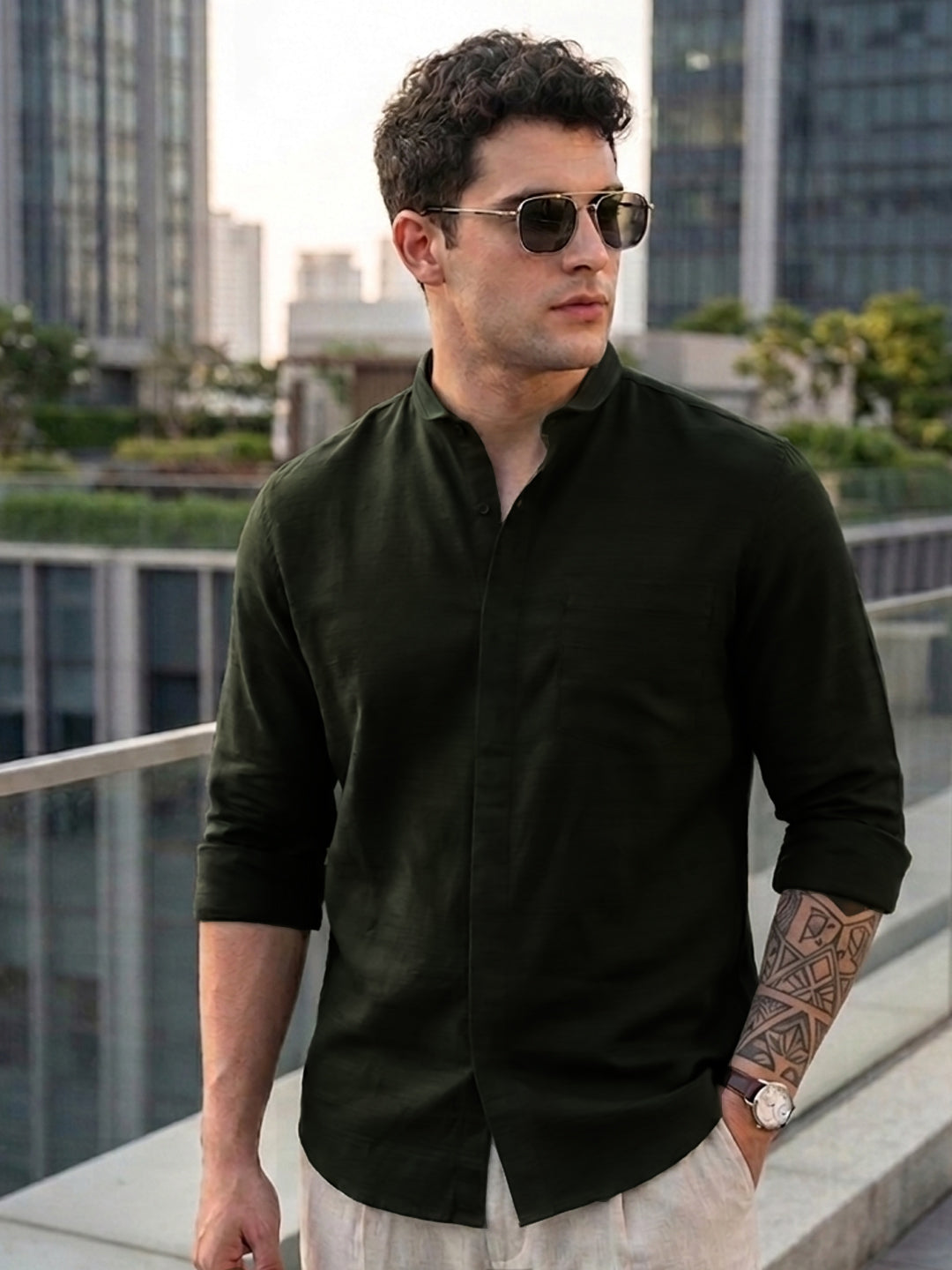 Men's Olive Cotton Full Sleeve Regular Fit Casual Solid Shirt with Band Collar