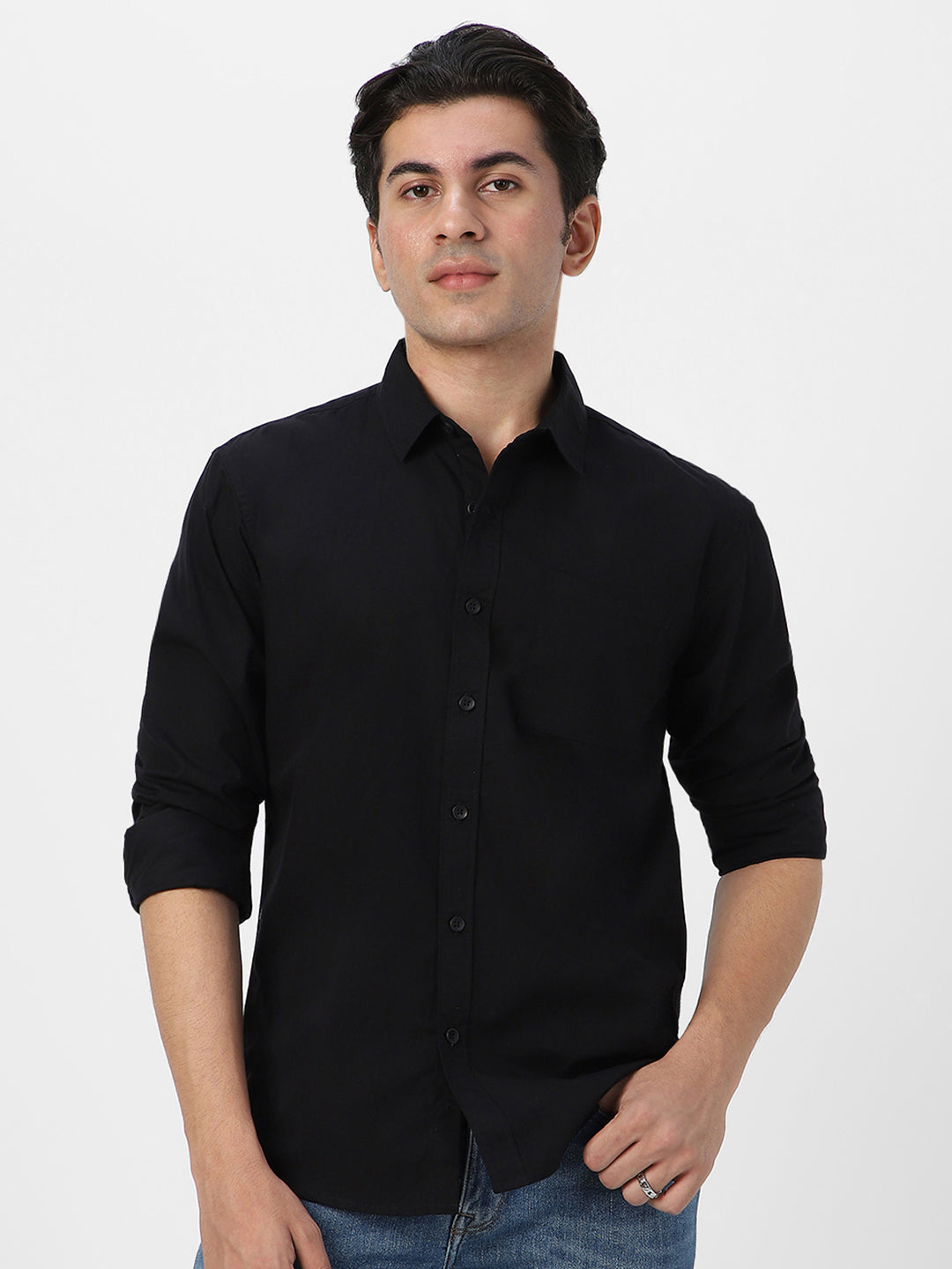 Men's Black Cotton Full Sleeve Regular Fit Casual Solid Shirt