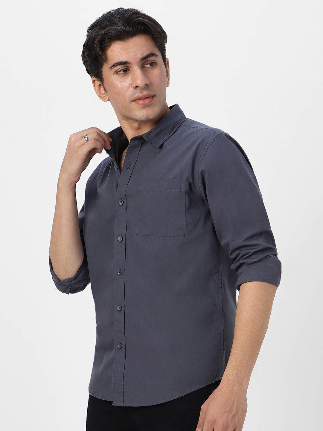 Men's Dark Grey Cotton Full Sleeve Regular Fit Casual Solid Shirt