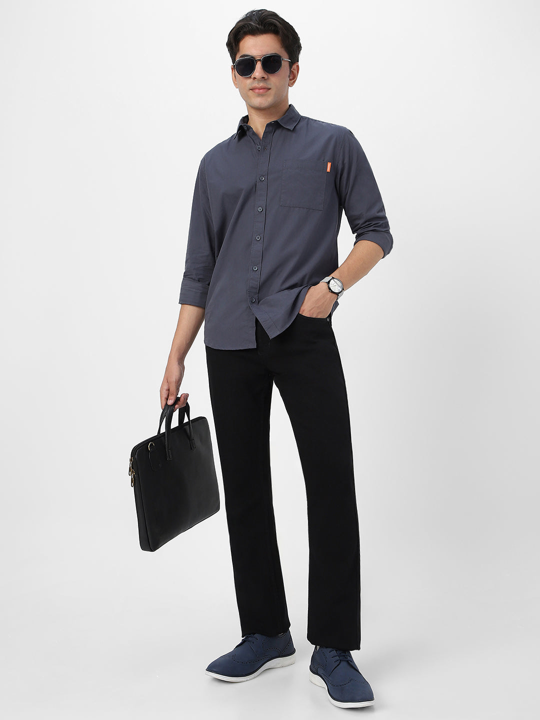 Grey Pants Dark Blue Shirt Outfit Men Men's Dark Grey Cotton Full