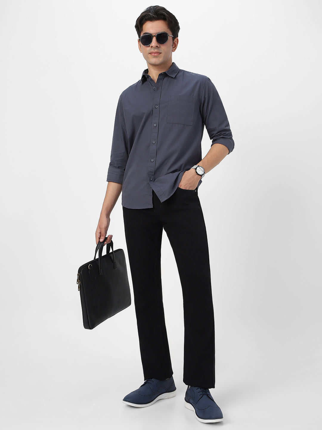Men's Dark Grey Cotton Full Sleeve Regular Fit Casual Solid Shirt