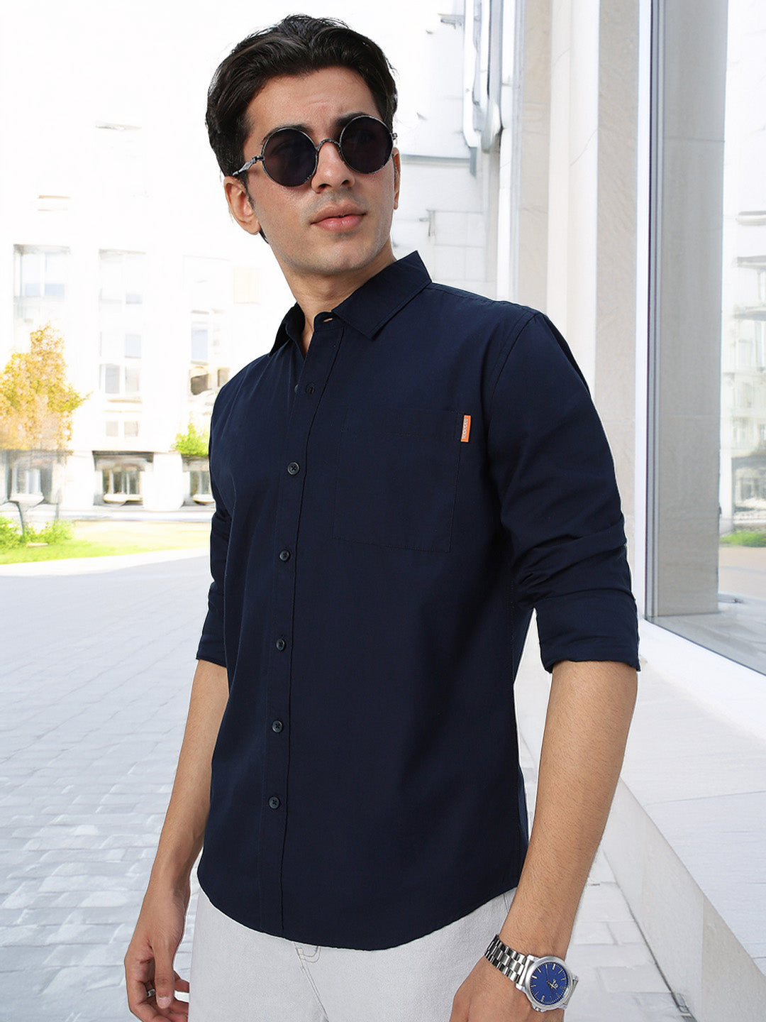 Men's Navy Cotton Full Sleeve Regular Fit Casual Solid Shirt